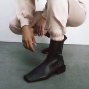 Zara Black Leather Square Toe Ankle Booties